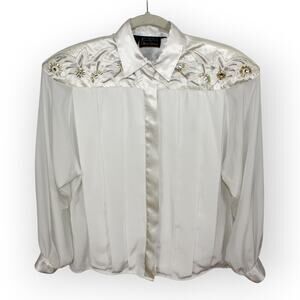 XS/S Vintage Erena by Irene Koenig Satin Blouse Ivory Embellished Yoke